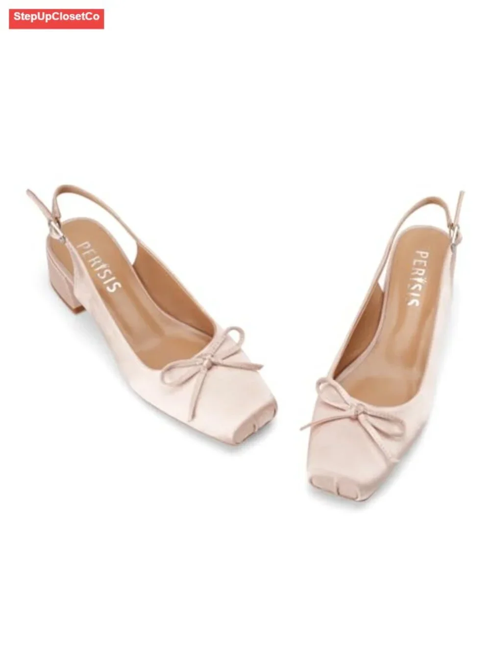 Ballet Slingback Heels Square Toe Chunky Heel Pumps Bow